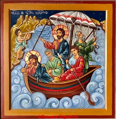 Jesus Calming the Storm, sold, handpainted , original work, on wood board, in old Byzantine stile, Tamara Rigishvili, tamarasicons