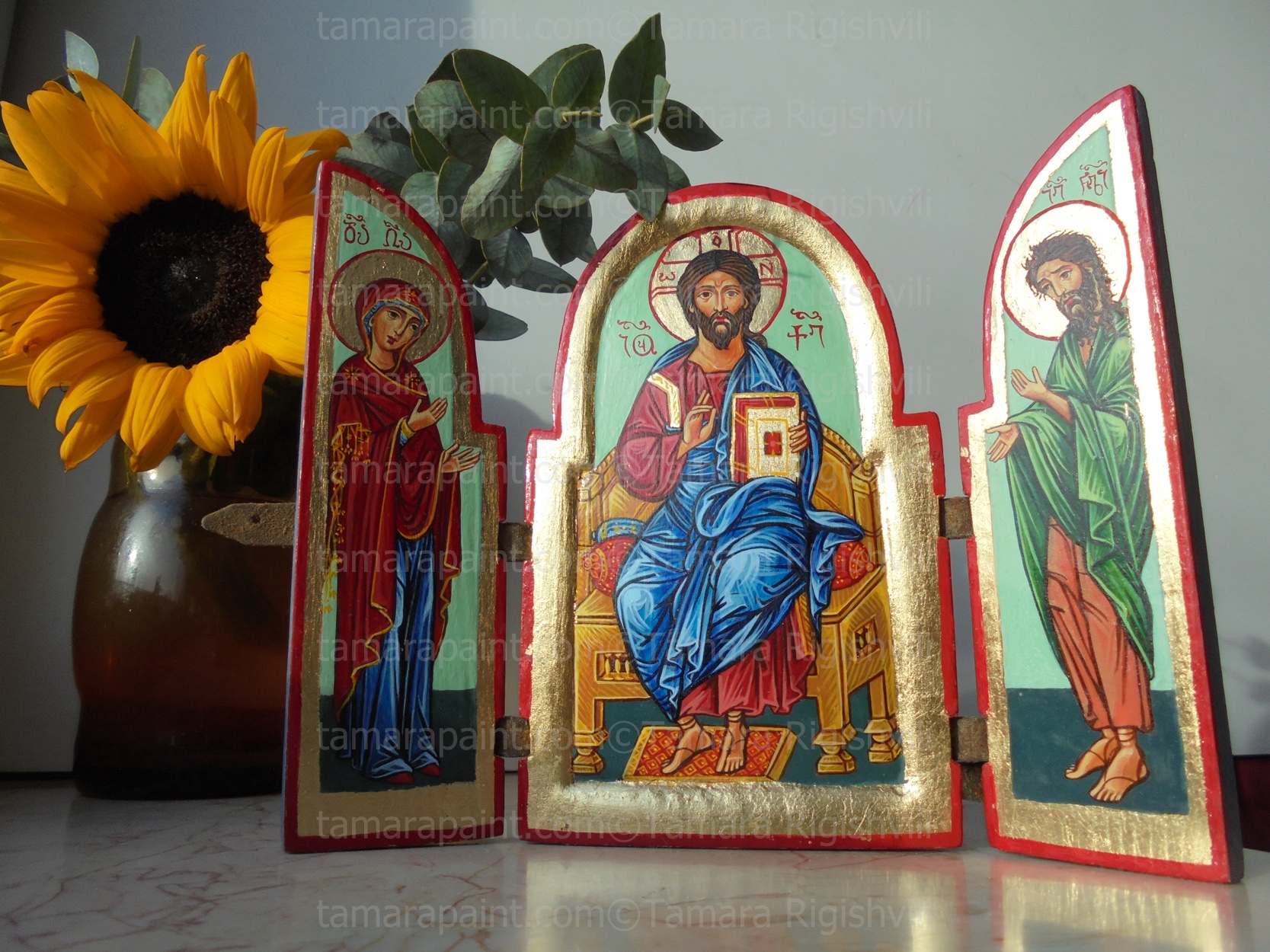 Buy Travellers icon-tryptich The Saviour Enthroned, Icon handpainted,Tempera, Gold Gilding, original icon painting by artist Tamara Rigishvili 