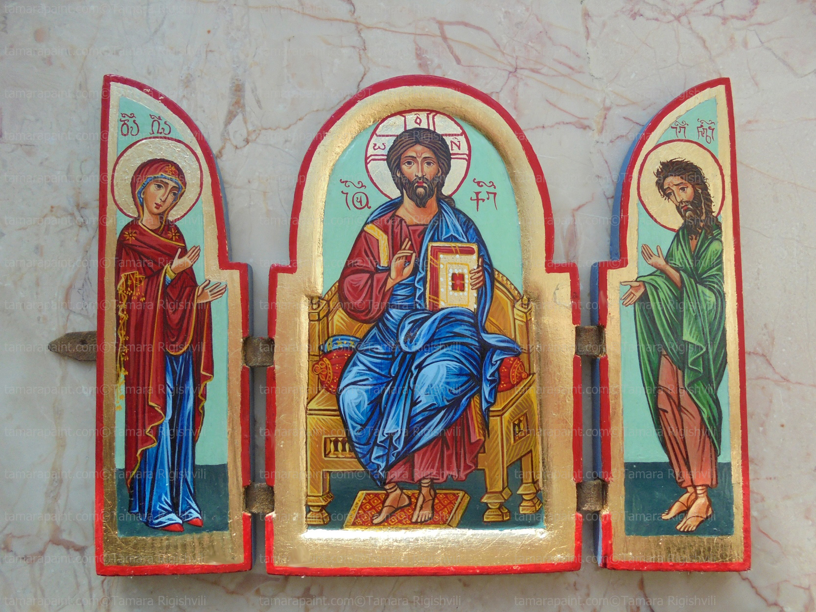 Savior with Virgin Mary and John the Baptist, tryptich open wings icon handpainted on Wood, original icon painting by artist Tamara Rigishvili