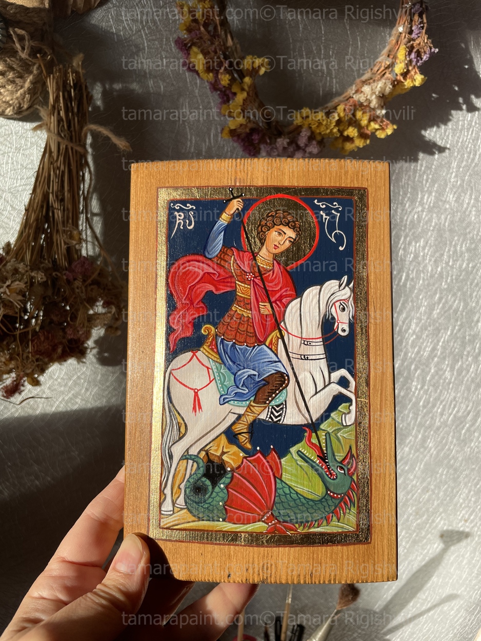 Saint George Killing Dragon, for sale, original icon painting by artist Tamara Rigishvili
