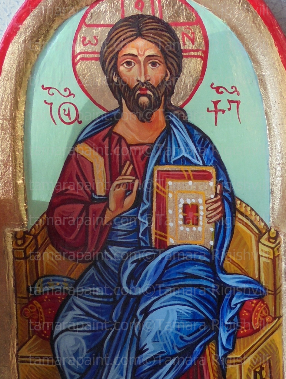Savior Enthroned, detail from triptych, original icon painting by artist Tamara Rigishvili