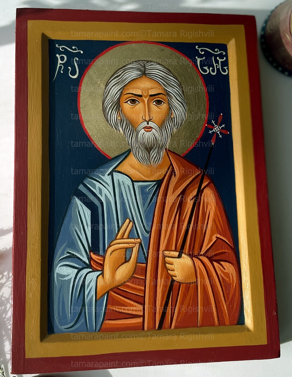 Andrew the Apostle -  first follower of Jesus, he is known for his missionary travels, where he preached in regions around the Mediterranean area. During that time, he established an early orthodox church in the city of Byzantium, also in Georgia and Kiev, by Icon Painter Tamara Rigishvili