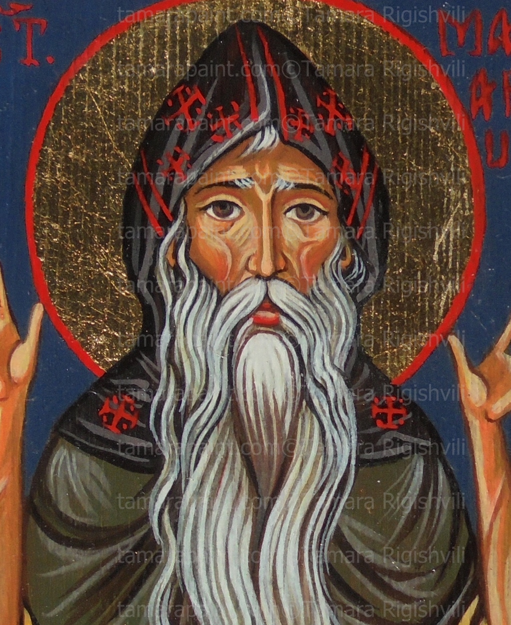 Macarius the Egyptian 300 - 390 ce, Upper Egypt, died  Scete Desert, Egypt; feast day January 15 monk and ascetic who, as one of the Desert Fathers, advanced the ideal of monasticism in Egypt and influenced its development throughout Christendom, Detail, original icon painting by artist Tamara Rigishvili