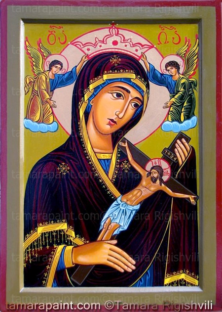 Mother of God holding Crucifix,  Blessed Virgin Mary as the Sorrowful Mother, Virgin Mary holding the cross with Jesus Christ crucifixion, Mother Mary Holding Cross with Jesus, by Iconpainter Tamara Rigishvili