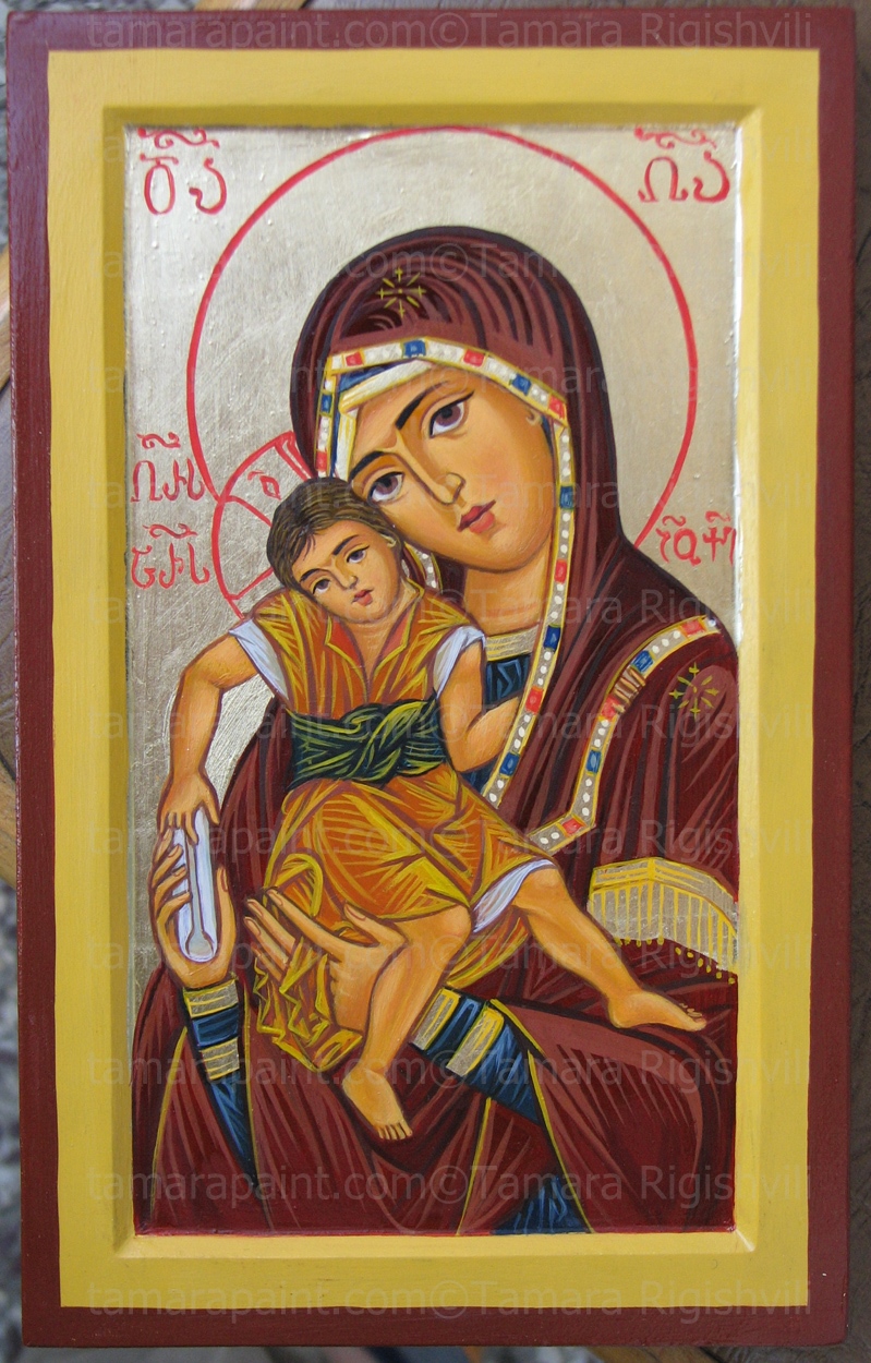 Mary is the Mother of God. Mary is the model of perfect love and obedience to Christ. God preserved Mary from sin, and she conceived our Lord by the power of the Holy Spirit, bringing Christ into the world, original icon painting by artist Tamara 