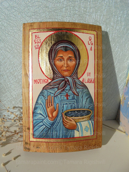 Icon of Blessed Olga of Alaska, Matushka Olga, Blessed Olga of Alaska Hand-painted Icon on Wood, Materials: acrylic paint and metal leaf on wood, Patron Saint of Midwives and Healer of the Abused and Broken, Matushka Olga of Kwethluk Alaska, Matushka Olga, a Native Alaskan of Yup'ik origin, was born on February 3, 1916 and reposed on November 8, Her given name in Yup'ik is Arrsamquq, Icon by Tamara Rigishvili