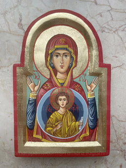 Our Lady of the Sign,Tempera on wood, Orthodox Christian depiction of the Virgin Mary in prayer with extended arms, The Virgin Orans, Oranta, The Great Panagia, handpainted, original icon painted by artist Tamara Rigishvili 