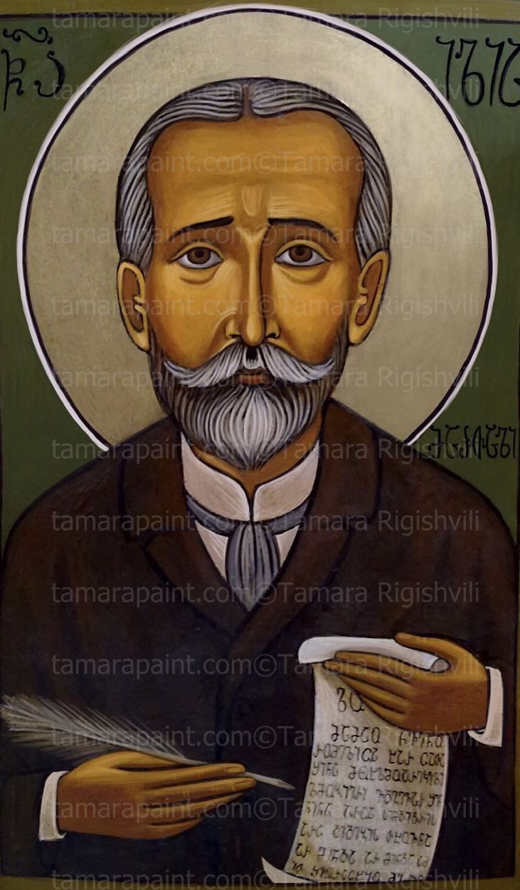 The holy, glorious and victorious Martyr Ilia the Righteous was a Georgian writer, poet, journalist, and lawyer,  born on October 27, 1837,  original icon painting by artist Tamara 