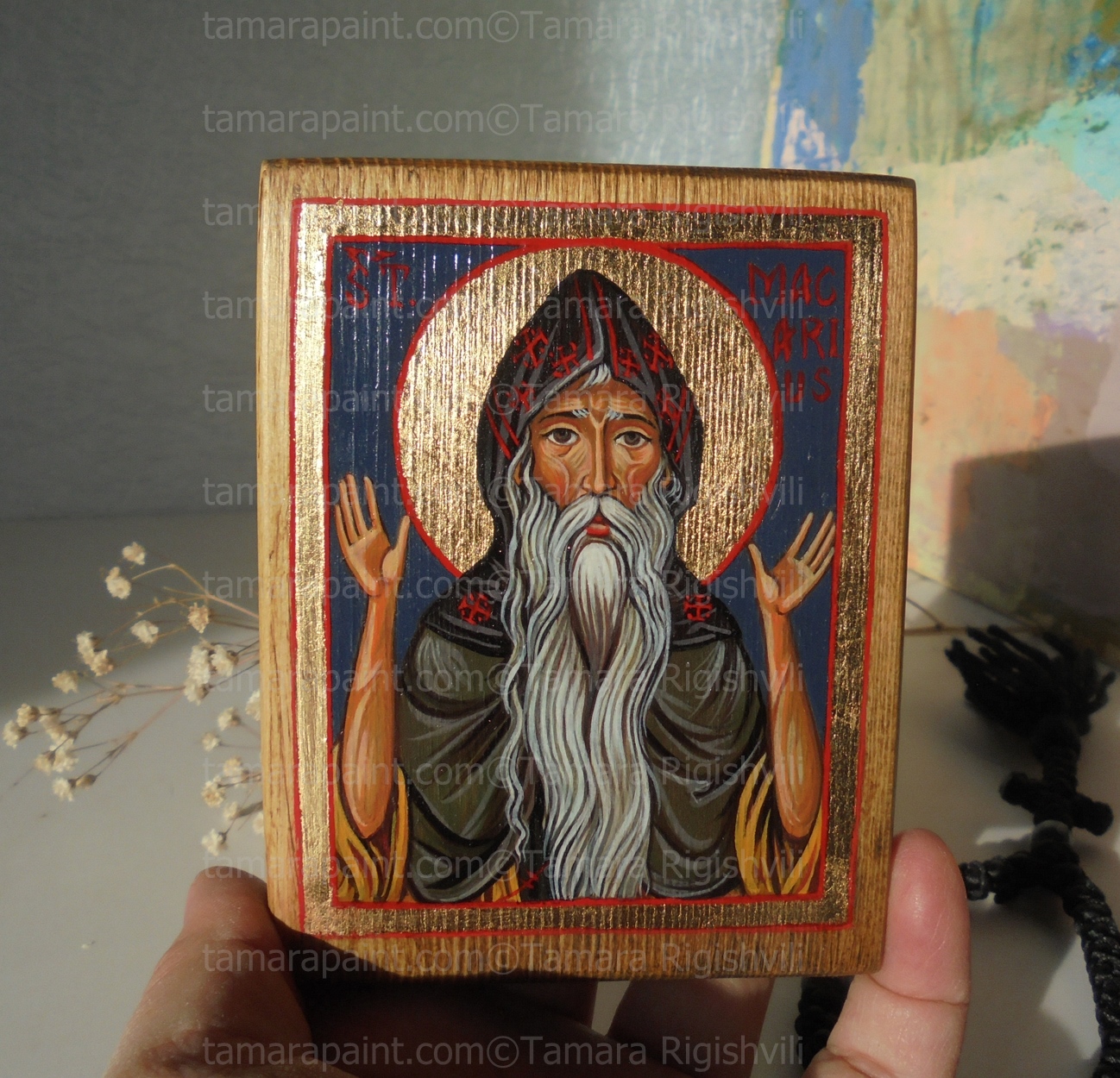 Saint Macarios of Egypt, icon handpainted on Wood, original icon painting by artist Tamara Rigishvili