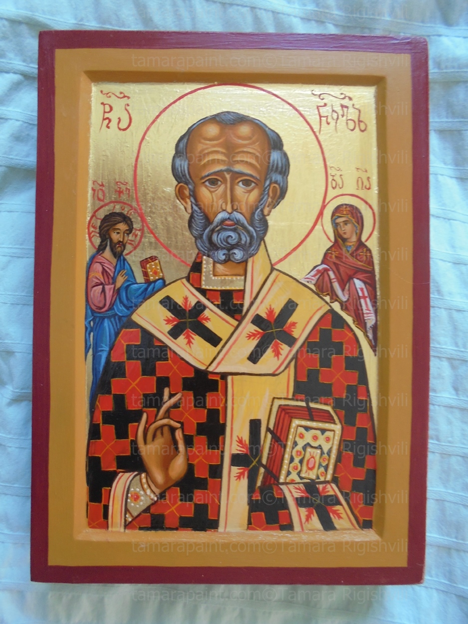 Saint Nicholas the Storm-Tossed, the Saint of the Sailors, the beloved of the people and protector of seafarers,  likeness of the icon from Gregoriou Monastery, the Archbishop of Myra in Lycia of Asia Minor, Icon by Tamara Rigishvili