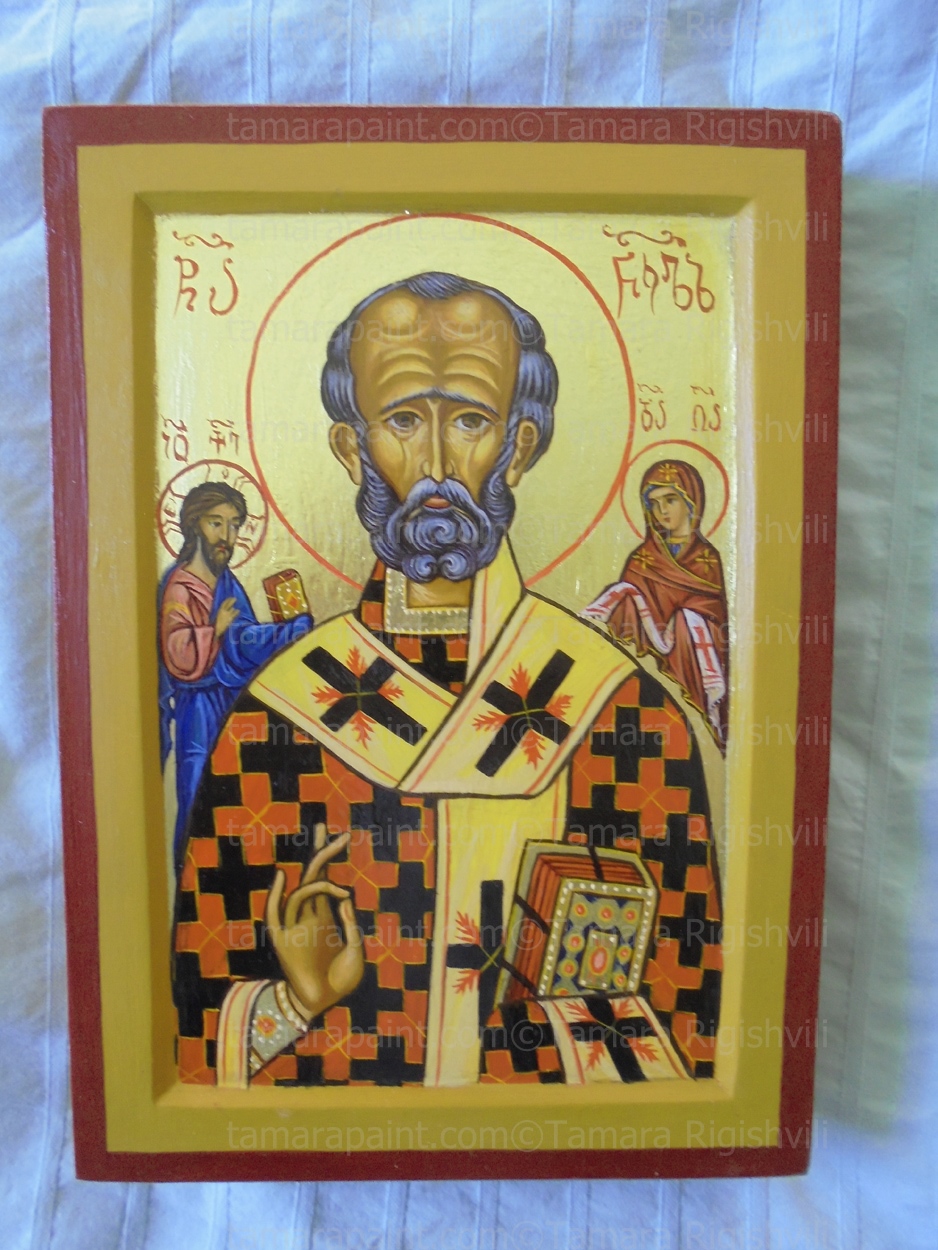 Saint Nicholas is the patron saint of sailors, merchants, archers, repentant thieves, children, brewers, pawnbrokers, students in various cities and countries around Europe, original icon painting by artist Tamara Rigishvili