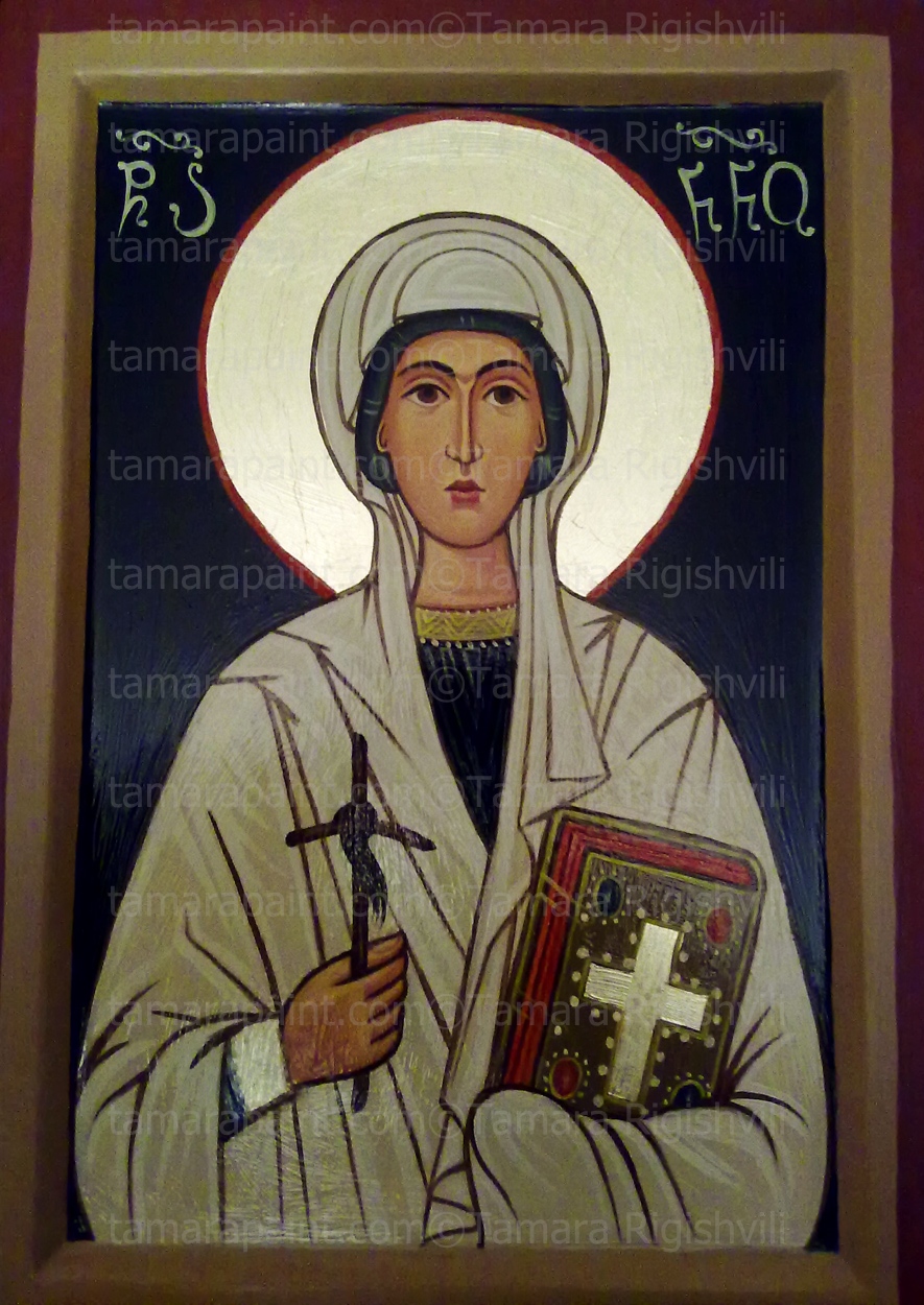  Saint Nino was a young woman who preached Christianity in the Caucasian Iberia, part of Georgia,  In the 4th сentury, moved from Jerusalem to Mtckheta for preaching the Gospel,  Born in Cappadocia in the late third century, St. Nina or Nino, was the only daughter of a Roman general Zabulon, Icon by Tamara Rigishvili