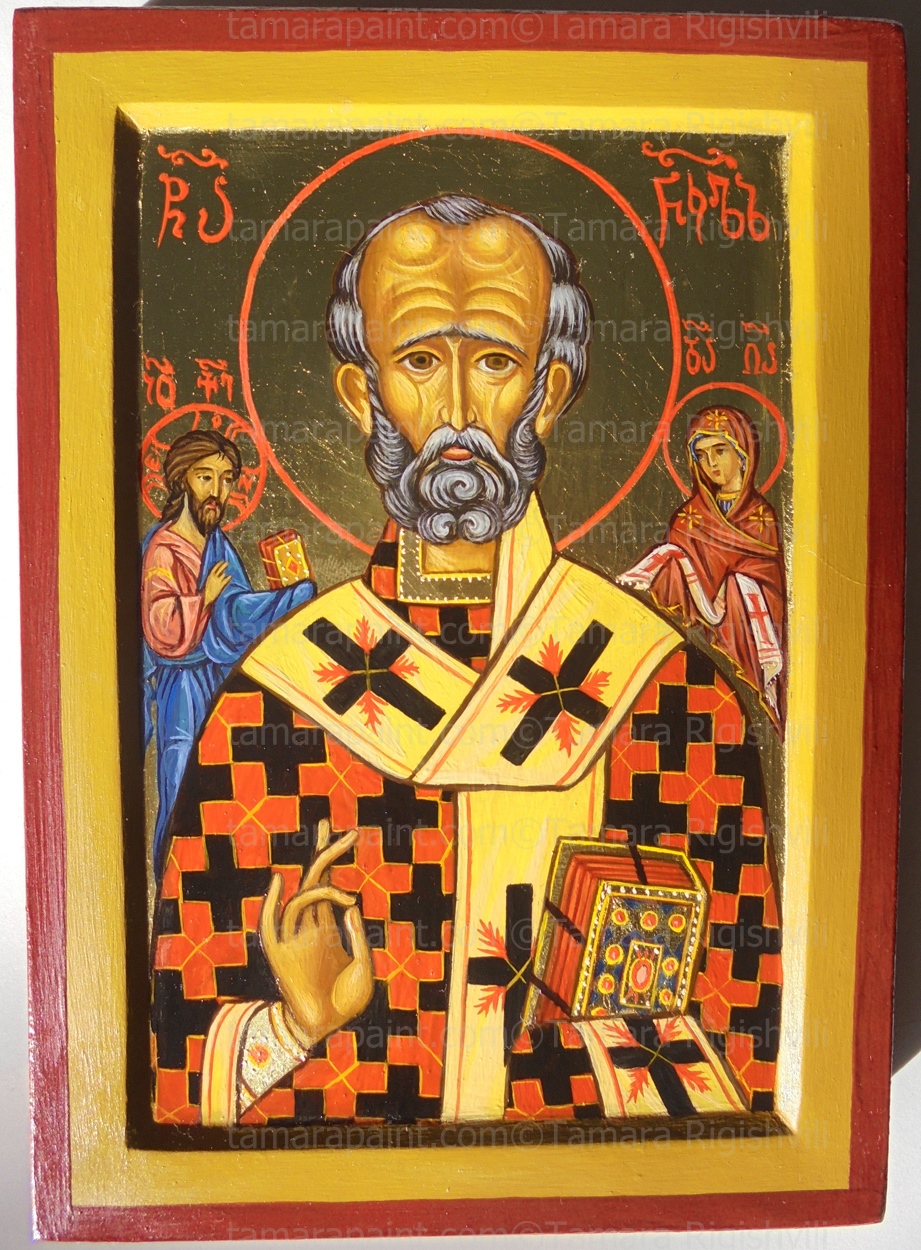 St. Nicholas is regarded as the patron saint of sailors and of Russia; also of children, bringing them gifts on 6 Dec. (his feast day; whence 'Santa Claus', a Dutch for 'Saint Nicholas'). His symbol is sometimes three bags of gold, the dowry he is supposed to have given to save three girls from degradation., original icon painting by artist Tamara 