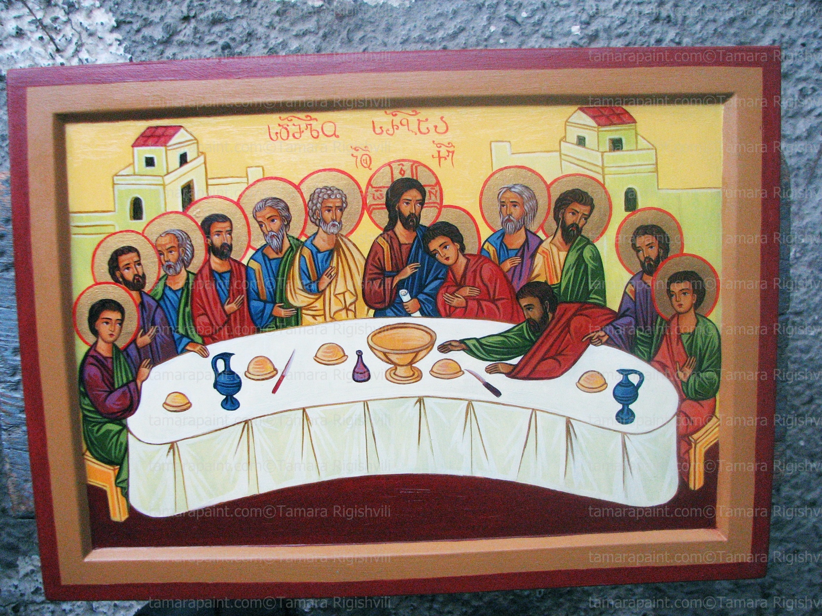 The Last Supper is the final meal that, in the Gospel, Jesus shared with his apostles in Jerusalem before his crucifixion, original icon painting by artist Tamara Rigishvili