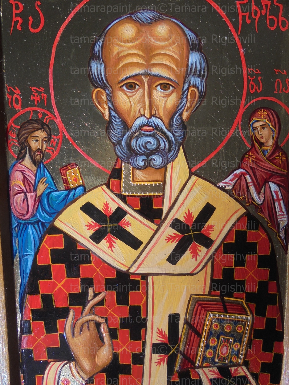 St. Nicholas worked lot of miracles, such as the rescuing of three maidens from being forced into prostitution or saving three men wrongfully condemned to death; more than once, the saint saved those drowning in the sea and provided release from captivity, original icon painting by artist Tamara Rigishvili