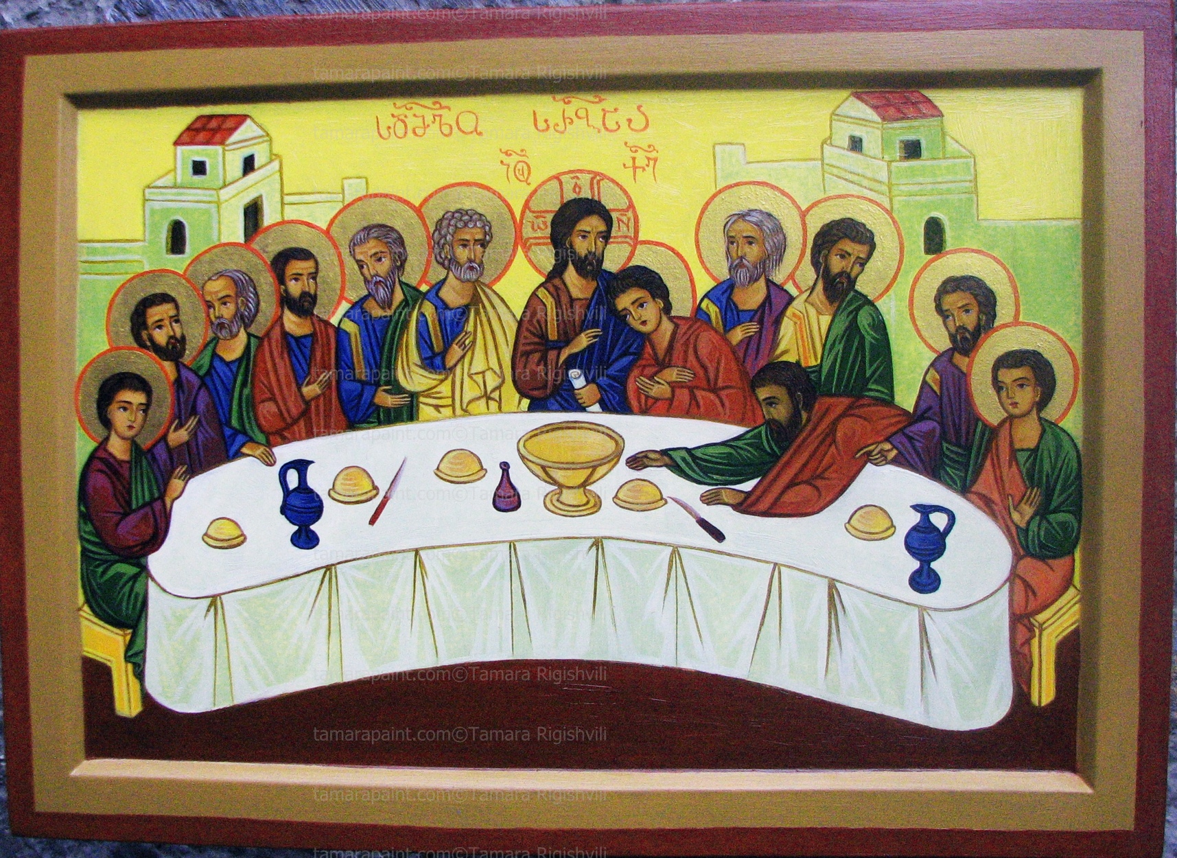 the last supper of the Lord, Icon handpainted,Tempera, Gold Gilding, original icon painting by artist Tamara 
