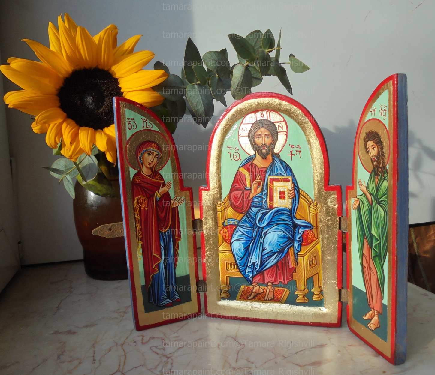 JESUS CHRIST Enthroned, Byzantine triptych icon, handmade/handpainted on the wood icon, religious icon, orthodox icon, birthday gift, wedding gift, name-day gift, original icon painting by artist Tamara Rigishvili